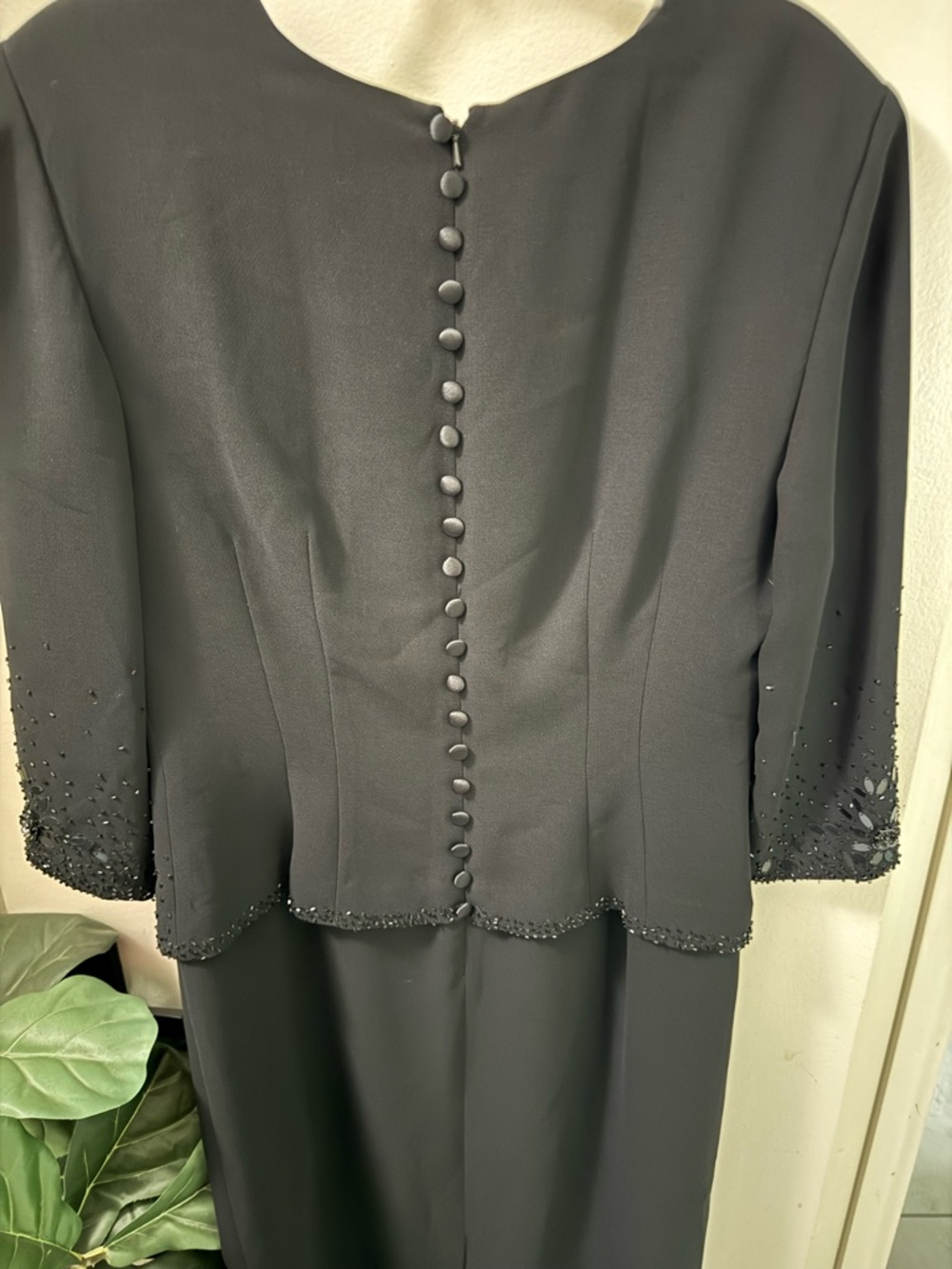 Donna Morgan Black Dress, Sequin Embellishments, 3/4 sleeves, buttons down back - Picture 12 of 12